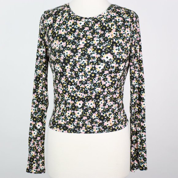 Wild Fable Womens Medium Floral Ribbed Stretch Cropped Shirt Top - Picture 1 of 4